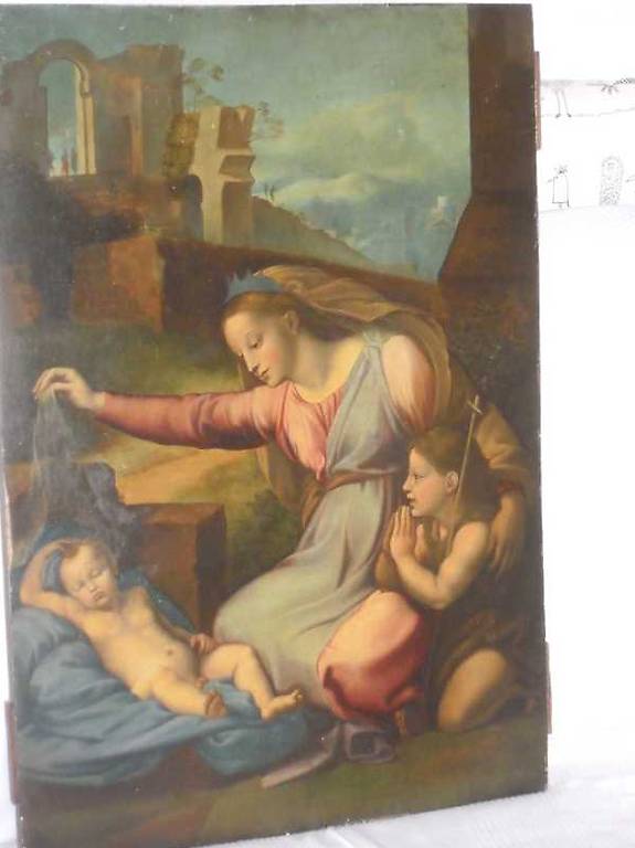 Huile sur bois La Vierge à l enfant avec le petit Saint Jean Canton