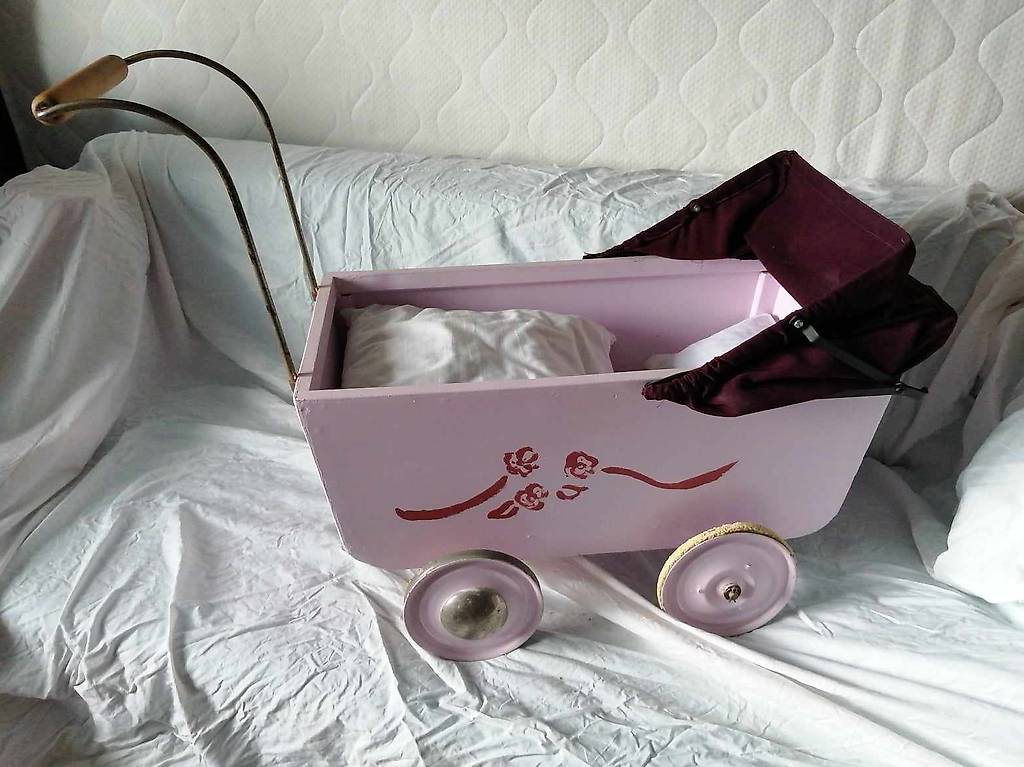 Poussette Poupée Ancienne En Bois - Jouet Vintage Années 1950