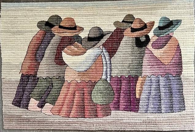 Grande Tapisserie Vintage Laine - Village De Montagne Art Populaire - 44 X 26