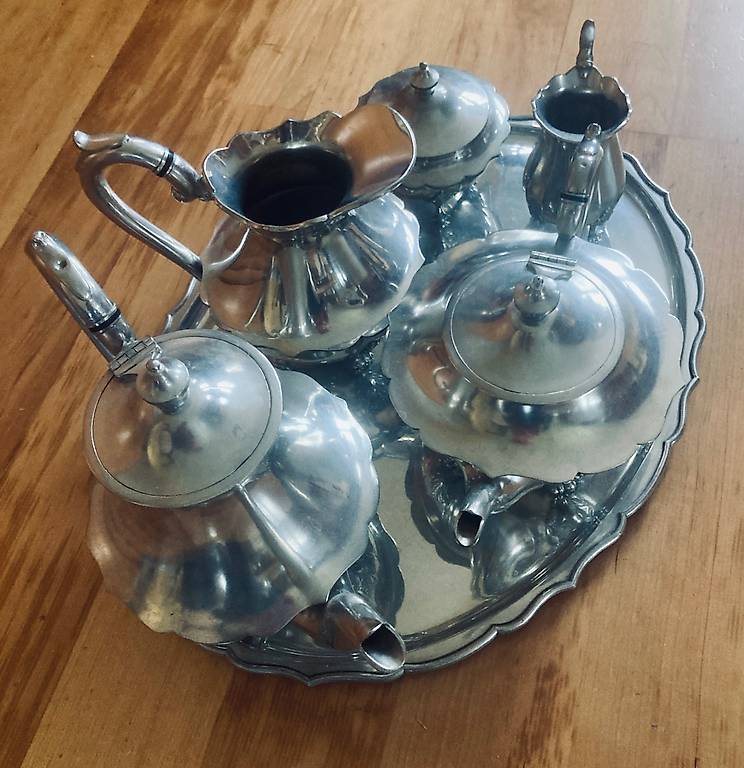 Service à Thé Et Café Vintage En Étain - Marque Étains Du Manoir - Avec Plateau