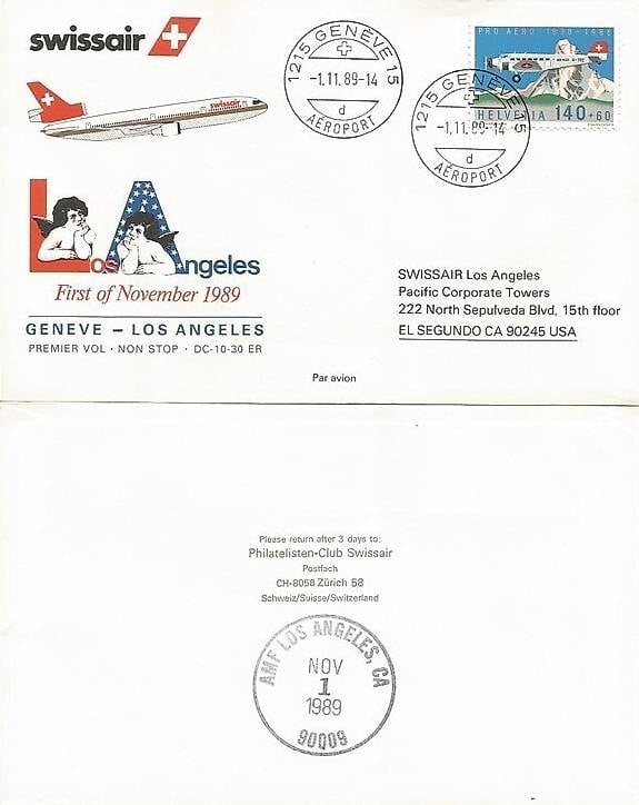 Timbres Souvenir Swissair Gen Ve Los Angeles Sur Enveloppes Im Kanton