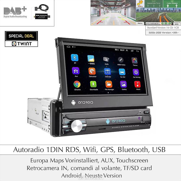 Autoradio 1 DIN Bluetooth GPS Android 13 RDS DAB+ im Kanton Tessin 