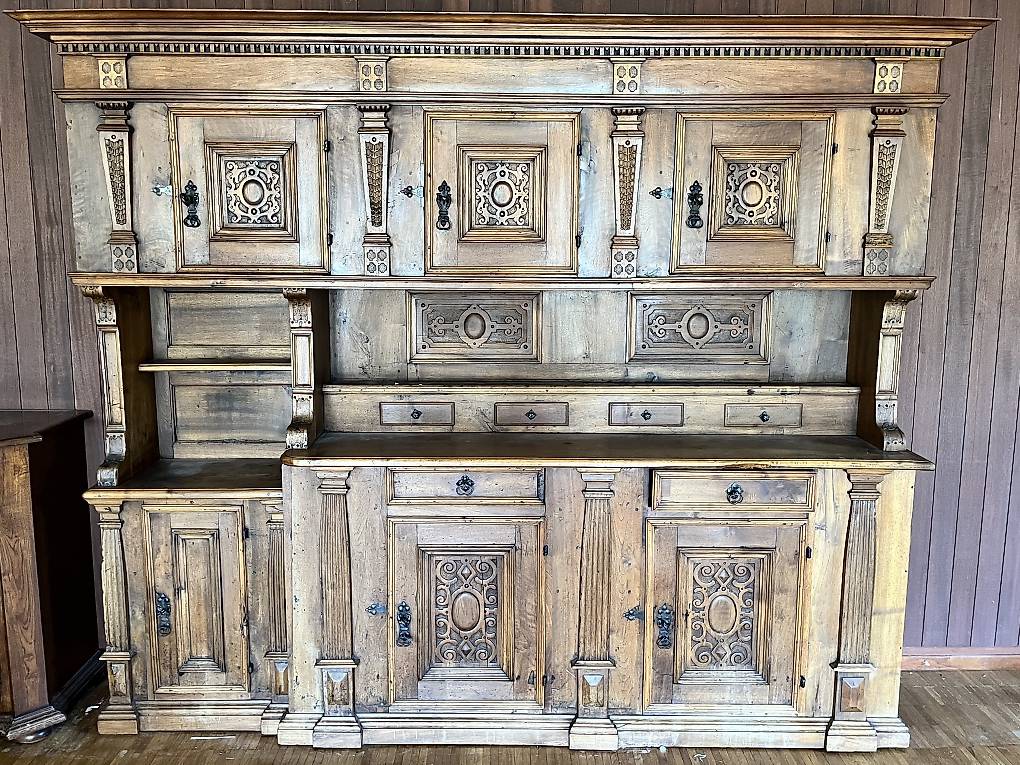 Magnifique Vaisselier Ancien En Bois Gris – Armoire Haute 234 Cm – Style Vintage