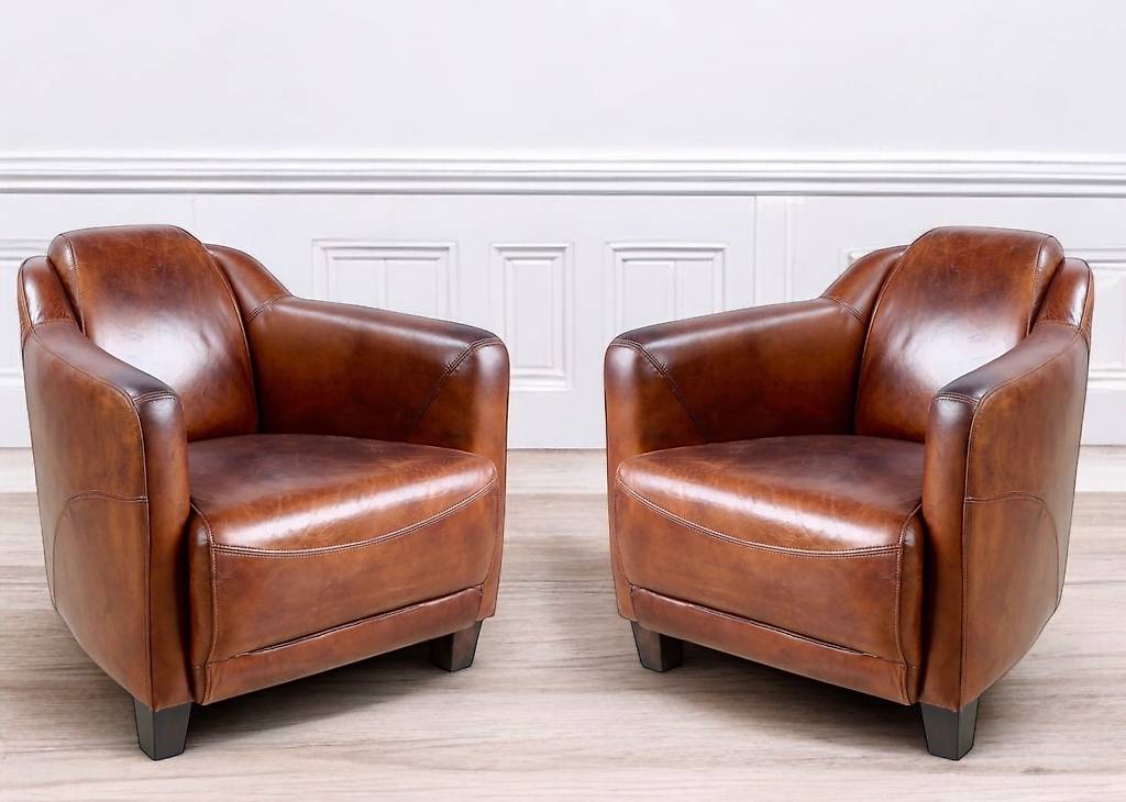 Fauteuil Club Ancien En Cuir Marron - Vintage, Coussin Amovible, Salon