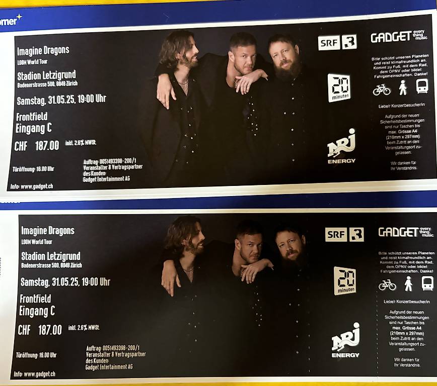 Billets Imagine Dragons Zürich 31.05.2025 Canton Vaud anibis.ch