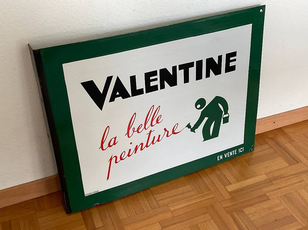 Plaque Publicitaire émaillée Ancienne Valentine La Belle Peinture, Murale, Verte Et Blanche