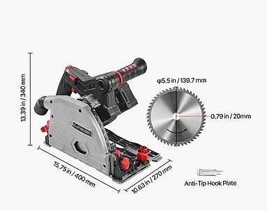 Scie Circulaire Plongeante VEVOR Sans Fil – 139,7 Mm, Batterie 20V 4Ah, Vitesse 3500-5500 Tr/min