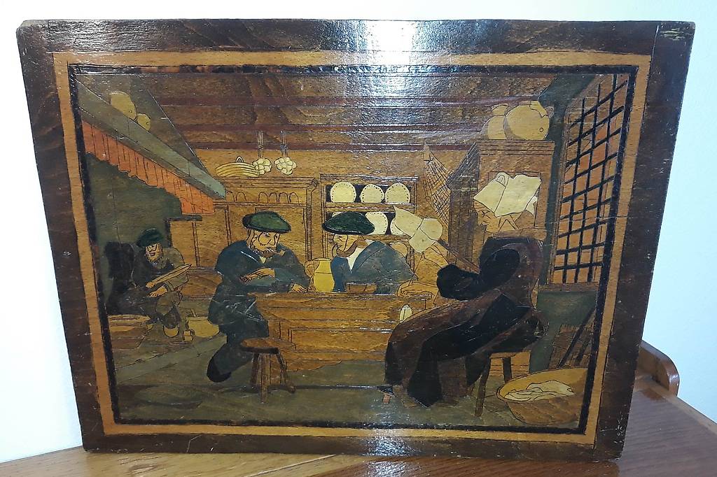 Ancien tableau bois pyrogravé "taverne bretonne" Canton Genève anibis.ch